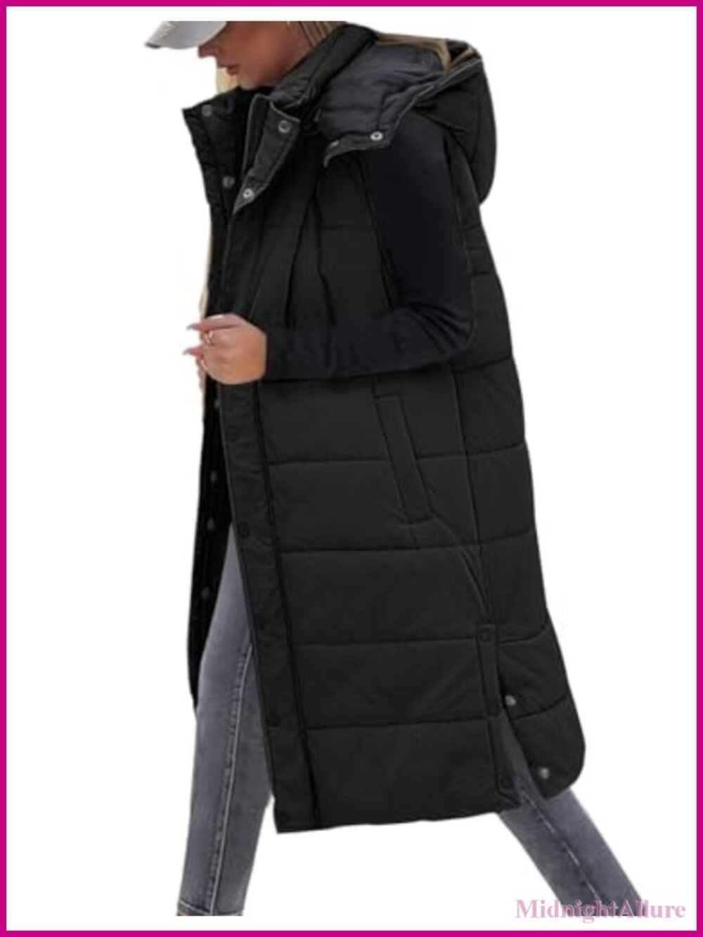 Long Puffer Vest Women Quilted Button Down Sleeveless Hooded Knee Length